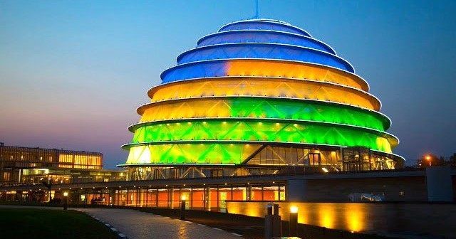 Rwnadan flag shinning bright at the convention center in Kigali